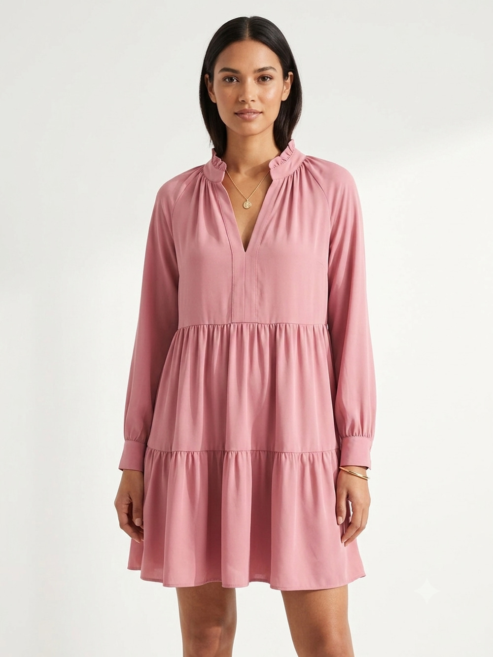 MSK Women’s Pink Tiered Mini Dress Size Medium Long Sleeve Ruffle Neck Shift